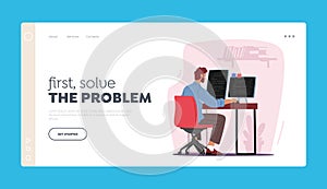 Web Development, Website Programming Landing Page Template. Programmer Male Character Work on Computer Coding Website