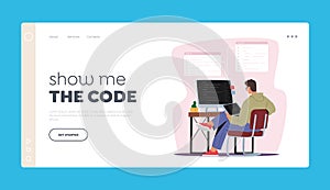 Web Development, Website Programming Landing Page Template. Programmer Male Character Working on Computer