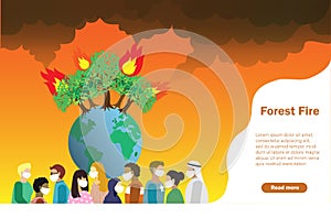 Disaster from forest fire, wildfire making air pollution and destroy forest. Flame and carbon dioxine effected to people health. photo