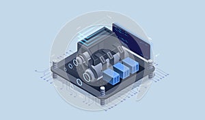 Web engine, programming tools. Software development. Technology visualization. Vector isometric illustration