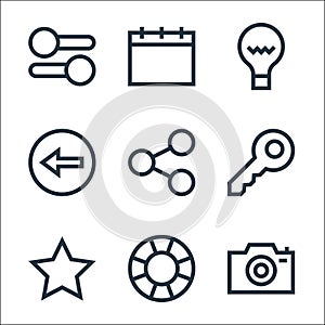 web essentials line icons. linear set. quality vector line set such as camera, lifesaver, favorite, key, share, back arrow, idea,