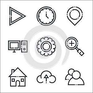 Web essentials line icons. linear set. quality vector line set such as business people, cloud upload, home, zoom in, settings,