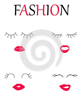 Web fashion women`s lips and eyelashes. set of female faces . emotions of woman on a white background, banner, logo in fashi