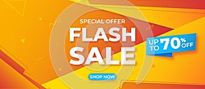 Web flash sale banner on orange background, up to 70%. Super Sale, end of season special offer banner.