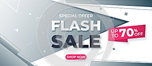 Web flash sale banner on white background, up to 70%. Super Sale, end of season special offer banner.