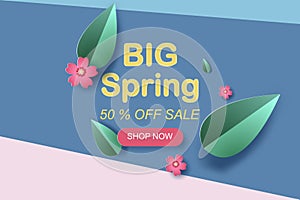 Web Frame with red flowers and leaf for spring season sales banners.Creative paper cut and craft style for scene place your text