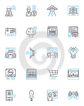 Web gaming linear icons set. Online, Multiplayer, Virtual, Interactive, Casual, Hardcore, Flashy line vector and concept