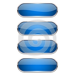 Web glass buttons. Blue shiny oval icons with metal frame