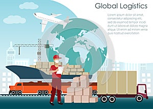 Global logistics with airfreight, seafreight, domestic train and truck. photo