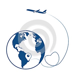 Global logistics network. Airplane route in heart shape. Romantic travel concept. Blue lines with start point,  globe, heart, airp