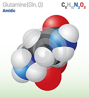 Glutamine (Gln, Q) amino acid molecule. (Chemical formula C5H10N2O3) photo