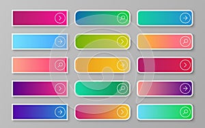 Web gradient button. Search, read more, next and continue submit buttons. Flat rectangular and rounded empty sign
