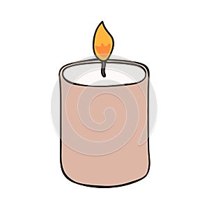 Hand drawn holiday candle with a flame in beige colors. photo