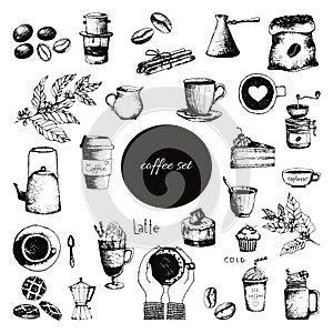 Hand drawn vintage set vector illustrations of coffee and cups and cakes and grains, coffee-tree and berries and cezve, cinnamone. photo