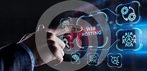 Web Hosting. The activity of providing storage space and access for websites. Business, modern technology, internet and networking