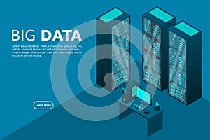 Web hosting and big data processing, server room rack. Concept of data center isometric.