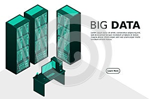 Web hosting and big data processing, server room rack. Concept of data center isometric.