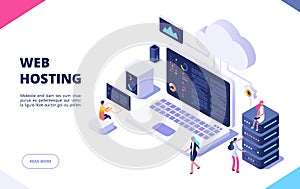 Web hosting concept. Cloud computing online database technology security computer web data center server isometric