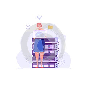 Web hosting. Concept of cloud computing, online database, technology, security, computer, web data center, server.  Vector