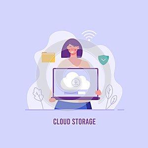 Web hosting. Concept of cloud computing, online database, technology, security, computer, web data center, server.  Vector