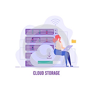 Web hosting. Concept of cloud computing, online database, technology, security, computer, web data center, server.  Vector