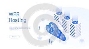 Web hosting concept, data transfer. Online computing technology. Online computing storage 3D isometry. Data center