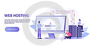 Web hosting concept. Online database, server, web data center, cloud computing, technology, computer, security. Landing page