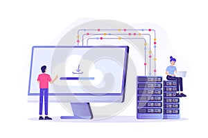 Web hosting concept with people characters. Online database, server, web data center, cloud computing, technology, computer,