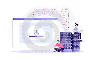 Web hosting concept with people characters. Online database, server, web data center, cloud computing, technology, computer,