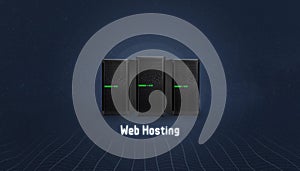 Web hosting concept with three servers and web hosting text below