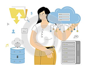 Web Hosting, Data Center Analytics. Online database, server, web data center, cloud computing, technology, security. Vector