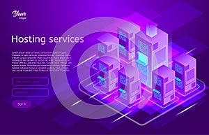 Web hosting and data center isometric vector illustration. Concept of big data processing, server room rack,