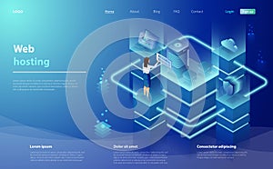 Web hosting, development concept with character. Cloud computing online database technology security computer web data