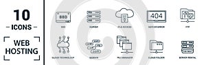 Web Hosting icon set. Include creative elements data structure, cloud technology, ssd, file access, modem icons. Can be used for
