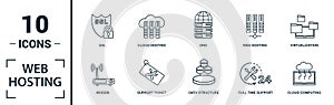 Web Hosting icon set. Include creative elements data structure, cloud technology, ssd, file access, modem icons. Can be used for