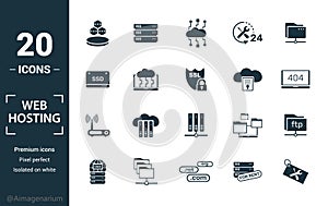 Web Hosting icon set. Include creative elements data structure, cloud technology, ssd, file access, modem icons. Can be used for