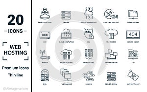 Web Hosting icon set. Include creative elements data structure, cloud technology, ssd, file access, modem icons. Can be used for