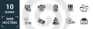 Web Hosting icon set. Include creative elements data structure, cloud technology, ssd, file access, modem icons. Can be used for