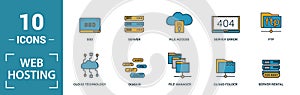 Web Hosting icon set. Include creative elements data structure, cloud technology, ssd, file access, modem icons. Can be used for