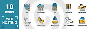 Web Hosting icon set. Include creative elements data structure, cloud technology, ssd, file access, modem icons. Can be used for