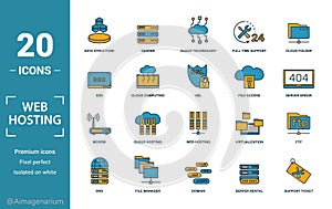 Web Hosting icon set. Include creative elements data structure, cloud technology, ssd, file access, modem icons. Can be used for