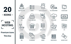 Web Hosting icon set. Include creative elements data structure, cloud technology, ssd, file access, modem icons. Can be used for