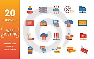 Web Hosting icon set. Include creative elements data structure, cloud technology, ssd, file access, modem icons. Can be used for