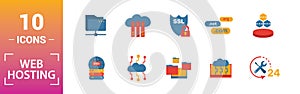 Web Hosting icon set. Include creative elements data structure, cloud technology, ssd, file access, modem icons. Can be used for