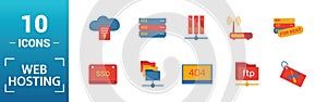 Web Hosting icon set. Include creative elements data structure, cloud technology, ssd, file access, modem icons. Can be used for