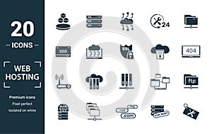 Web Hosting icon set. Include creative elements data structure, cloud technology, ssd, file access, modem icons. Can be used for