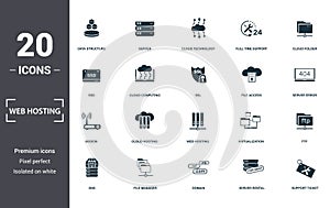Web Hosting icons set collection. Includes simple elements such as Data Structure, Server, Cloud Technology, Full Time Support,