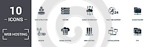 Web Hosting icons set collection. Includes simple elements such as Server Error, Modem, Cloud Hosting, Web Hosting, Virtualization