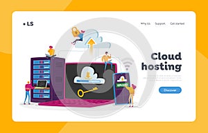 Web Hosting Landing Page Template. Tiny Characters at Laptop, Phone and Server Equipment. Web Programming, Cloud Storage