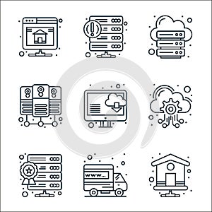 web hosting line icons. linear set. quality vector line set such as homepage, truck, database, cloud computing, download,